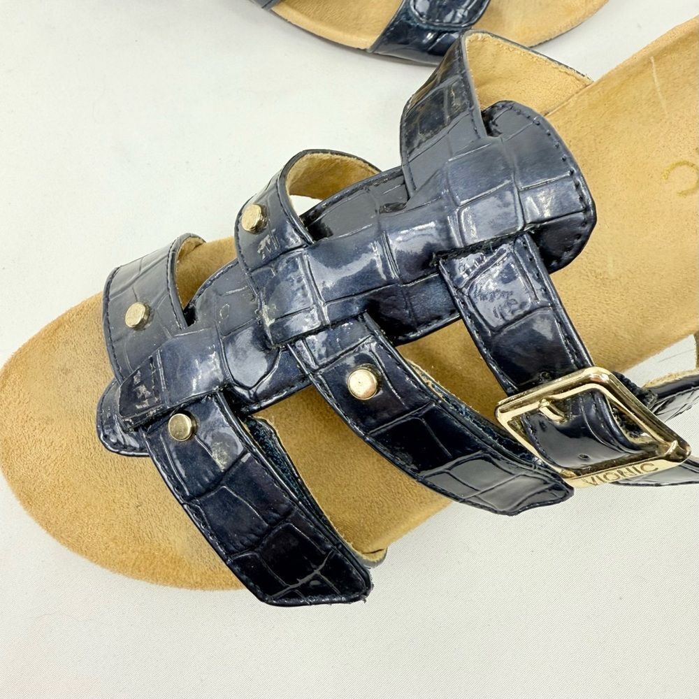 Vionic RADIA Blue Patent Reptile Embossed Triple T Strap Slide Wedge Sandals - Picture 7 of 14
